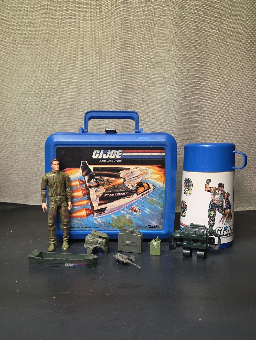 Vintage 1989 Aladdin G.I. Joe Blue Lunch Box With Matching Thermos And Figures
